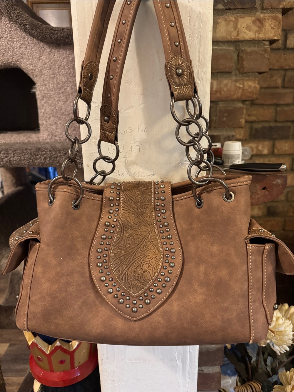 Embossed Studded Brown Shoulder Bag with Chain-Link Straps